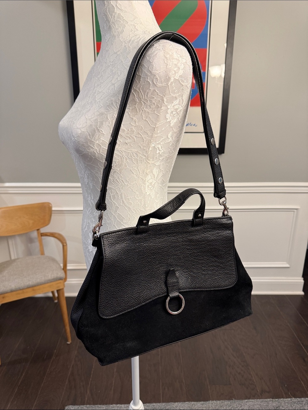 Rebecca Minkoff Keith Black Leather & Suede Top-Handle Satchel with Ring Accent